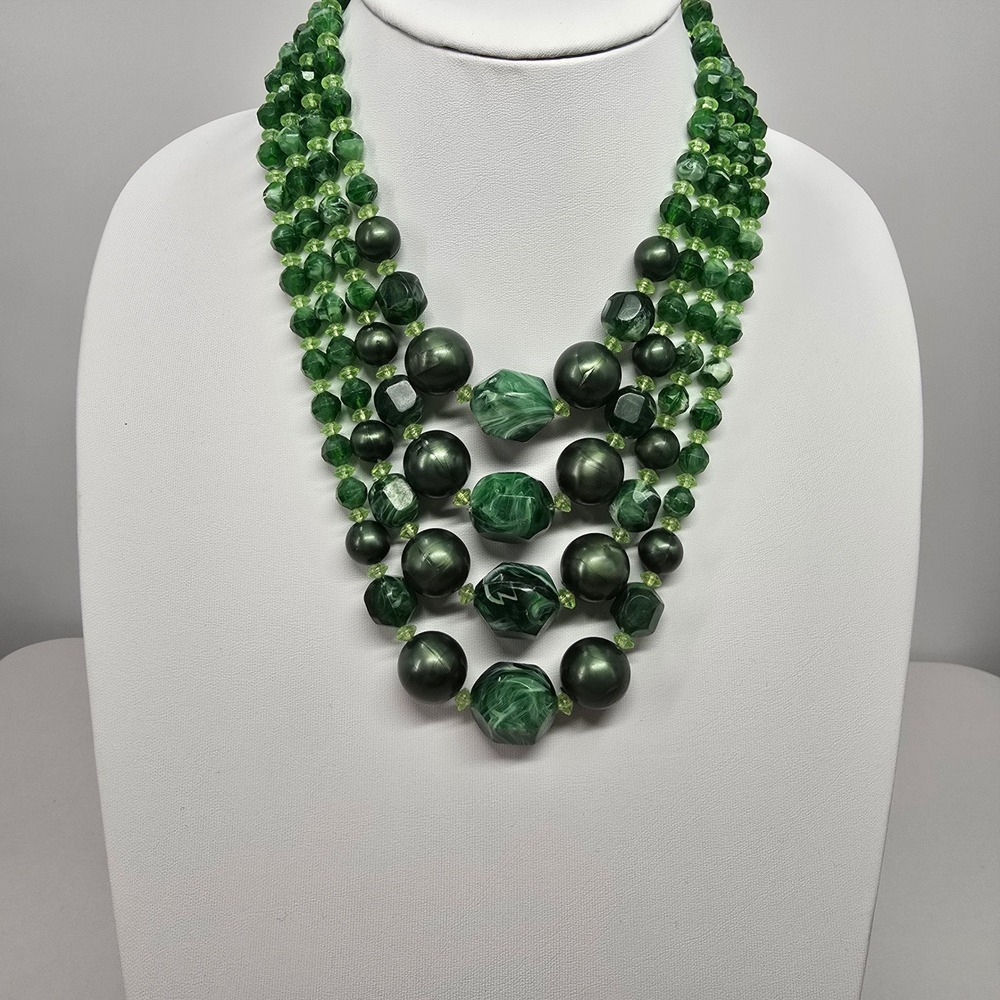 Vintage Green Multi Strand Beaded Statement Necklace Graduated Tiered Marbled - Picture 9 of 10